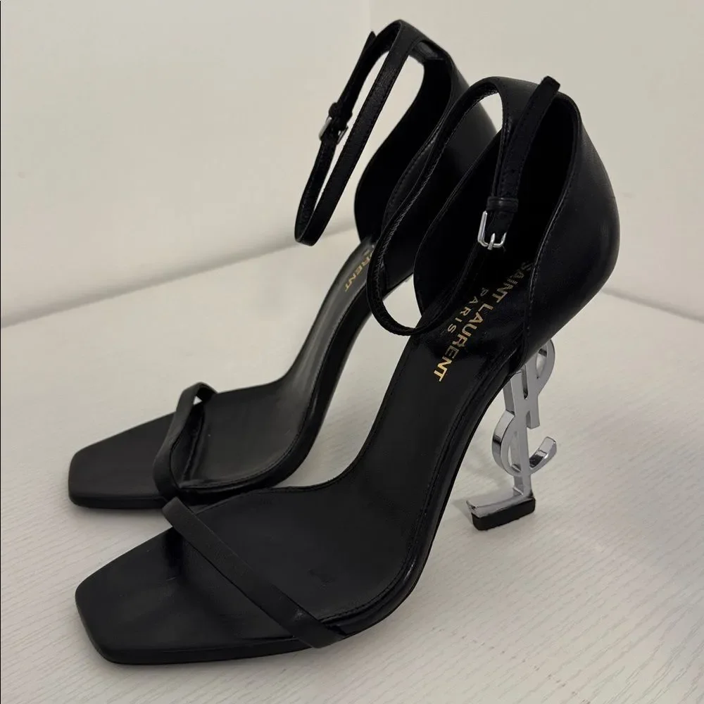 Saint Laurent Opyum YSL Logo Black Leather Silver High Heel Sandal EU 38 US 8 - Picture 4 of 10